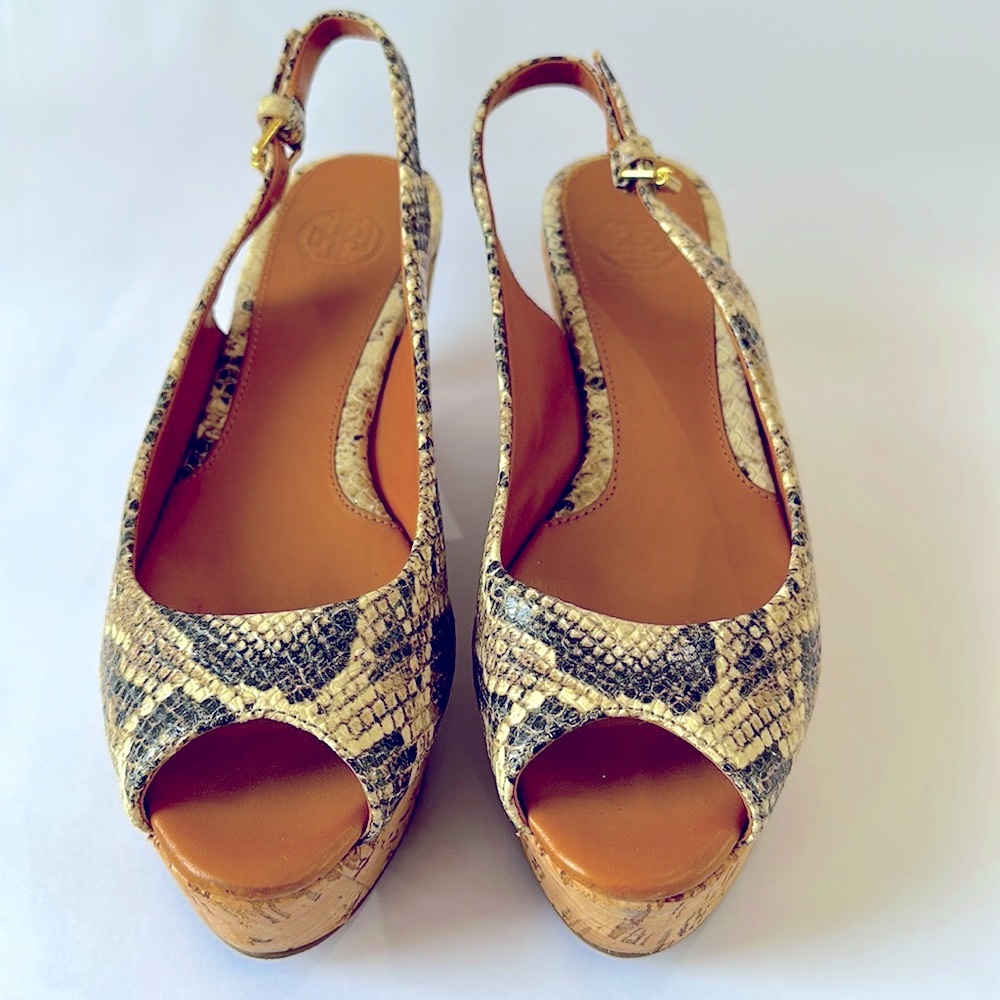 Tory Burch Rosalind Snakeskin Slingback Open Toe Cork Wedges 6.5 NICE Condition